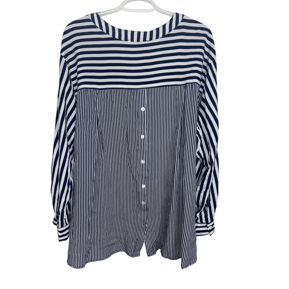 Jane Delancey Navy White Striped Roll Tab Sleeve Top 3X Nautical Coastal - Picture 2 of 8